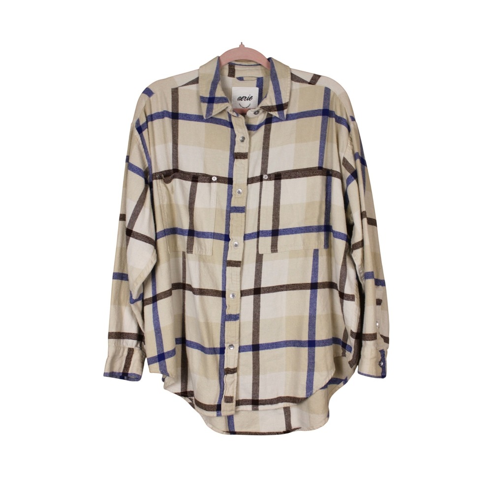 Aerie Oversize Grunge Boyfriend Neutral Anytime Fave Flannel Button Down Shirt S